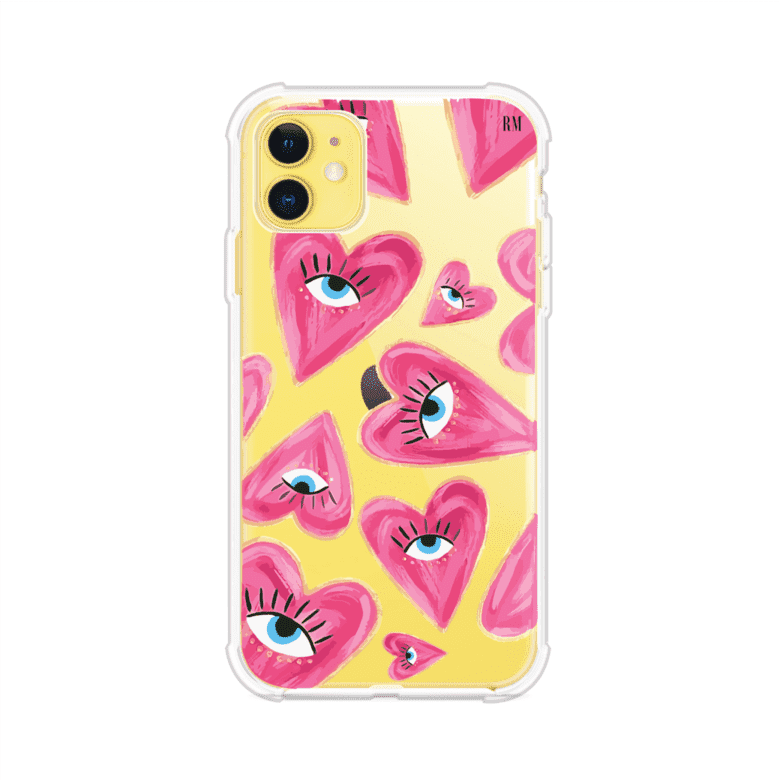 Funda para iPhone con corazones rosas ilustrados y ojos, diseño artístico y romántico. Ideal para expresar amor con estilo. Producto de Remark Mx