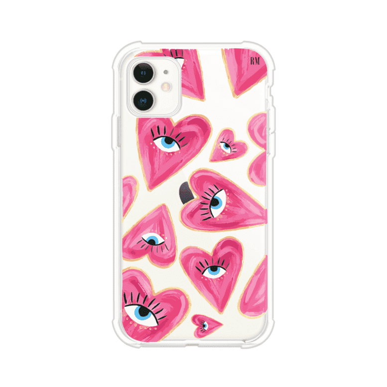 Funda para iPhone con corazones rosas ilustrados y ojos, diseño artístico y romántico. Ideal para expresar amor con estilo. Producto de Remark Mx
