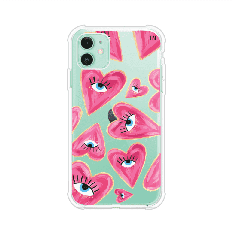 Funda para iPhone con corazones rosas ilustrados y ojos, diseño artístico y romántico. Ideal para expresar amor con estilo. Producto de Remark Mx