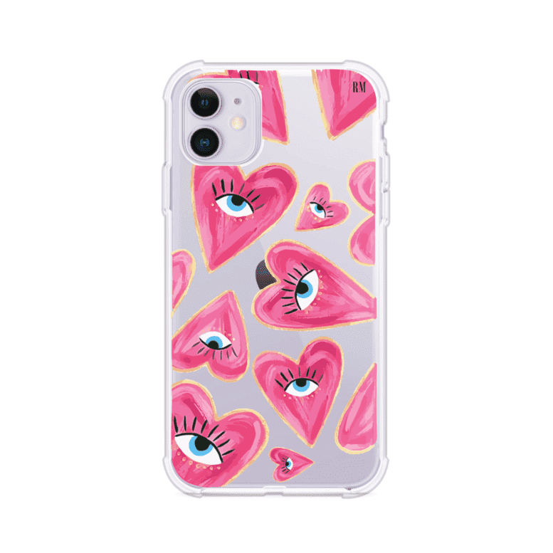 Funda para iPhone con corazones rosas ilustrados y ojos, diseño artístico y romántico. Ideal para expresar amor con estilo. Producto de Remark Mx