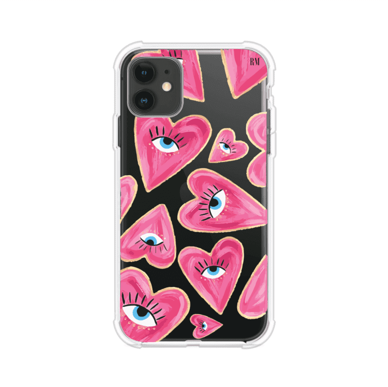 Funda para iPhone con corazones rosas ilustrados y ojos, diseño artístico y romántico. Ideal para expresar amor con estilo. Producto de Remark Mx