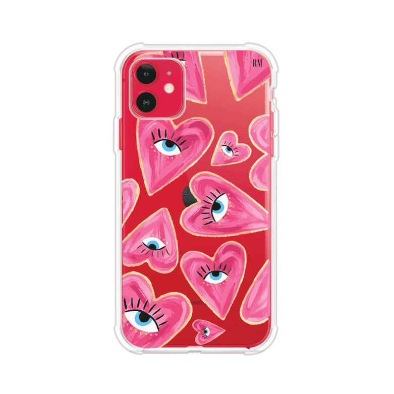 Funda para iPhone con corazones rosas ilustrados y ojos, diseño artístico y romántico. Ideal para expresar amor con estilo. Producto de Remark Mx
