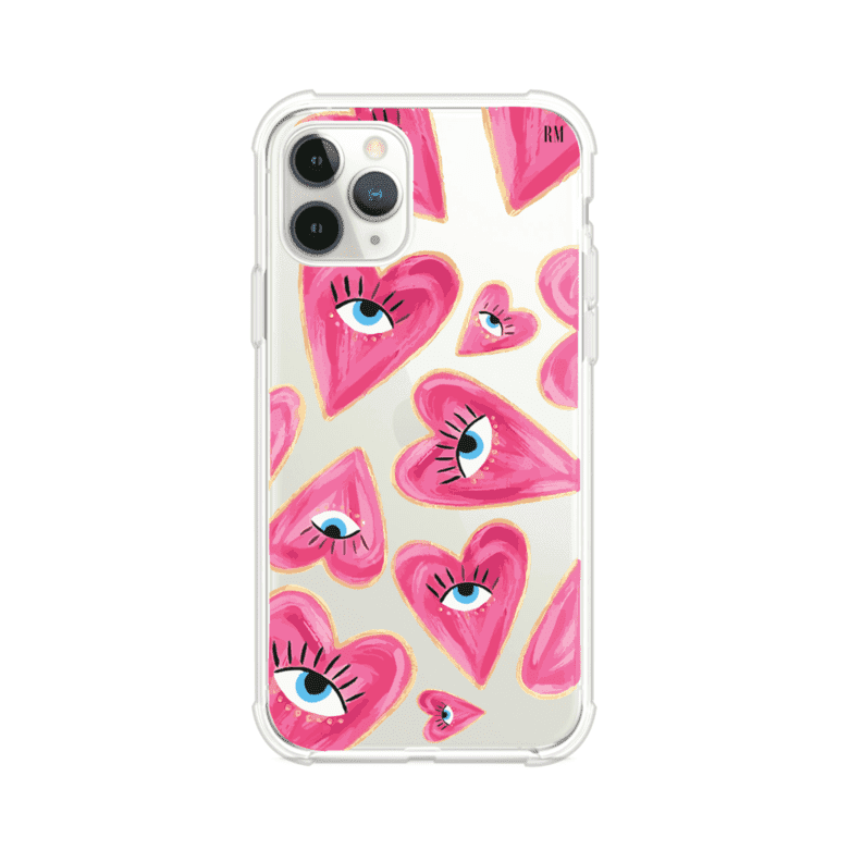 Funda para iPhone con corazones rosas ilustrados y ojos, diseño artístico y romántico. Ideal para expresar amor con estilo. Producto de Remark Mx
