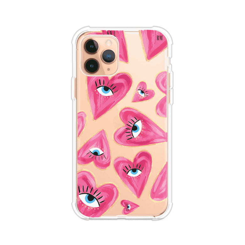 Funda para iPhone con corazones rosas ilustrados y ojos, diseño artístico y romántico. Ideal para expresar amor con estilo. Producto de Remark Mx