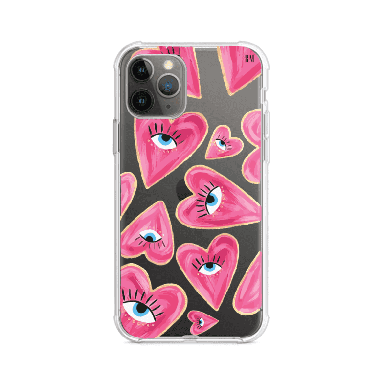 Funda para iPhone con corazones rosas ilustrados y ojos, diseño artístico y romántico. Ideal para expresar amor con estilo. Producto de Remark Mx