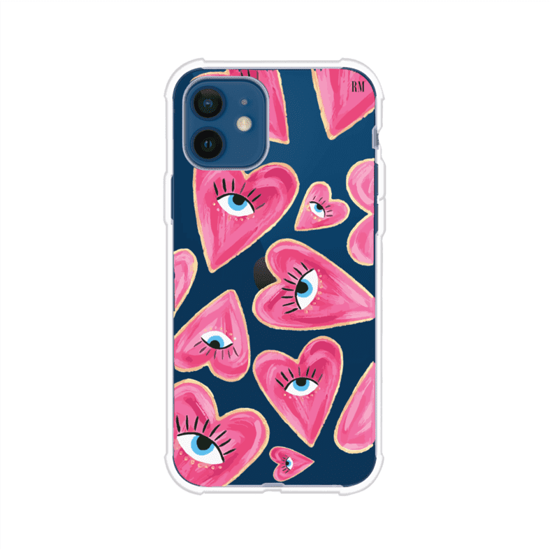 Funda para iPhone con corazones rosas ilustrados y ojos, diseño artístico y romántico. Ideal para expresar amor con estilo. Producto de Remark Mx