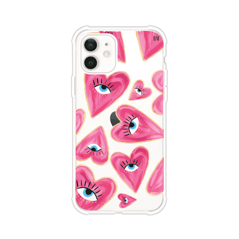 Funda para iPhone con corazones rosas ilustrados y ojos, diseño artístico y romántico. Ideal para expresar amor con estilo. Producto de Remark Mx