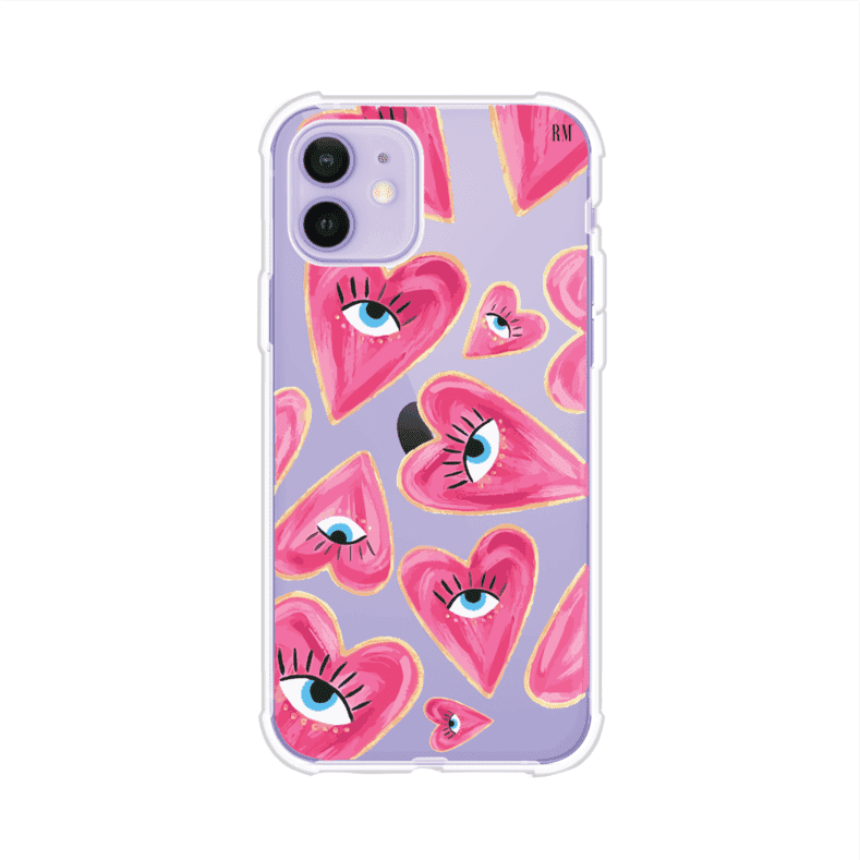 Funda para iPhone con corazones rosas ilustrados y ojos, diseño artístico y romántico. Ideal para expresar amor con estilo. Producto de Remark Mx