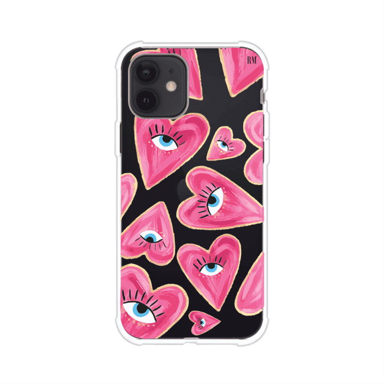 Funda para iPhone con corazones rosas ilustrados y ojos, diseño artístico y romántico. Ideal para expresar amor con estilo. Producto de Remark Mx