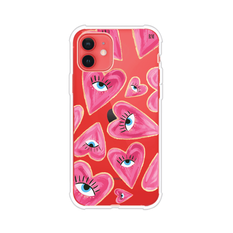 Funda para iPhone con corazones rosas ilustrados y ojos, diseño artístico y romántico. Ideal para expresar amor con estilo. Producto de Remark Mx