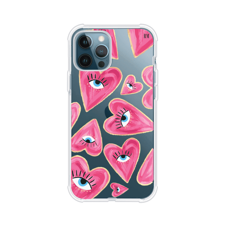 Funda para iPhone con corazones rosas ilustrados y ojos, diseño artístico y romántico. Ideal para expresar amor con estilo. Producto de Remark Mx