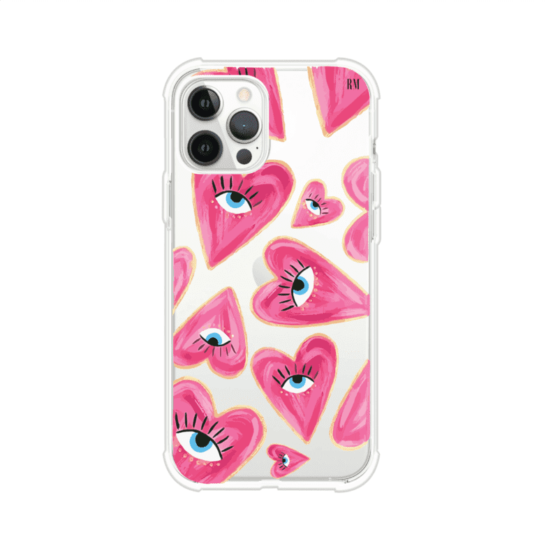 Funda para iPhone con corazones rosas ilustrados y ojos, diseño artístico y romántico. Ideal para expresar amor con estilo. Producto de Remark Mx