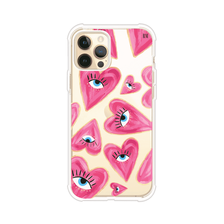 Funda para iPhone con corazones rosas ilustrados y ojos, diseño artístico y romántico. Ideal para expresar amor con estilo. Producto de Remark Mx