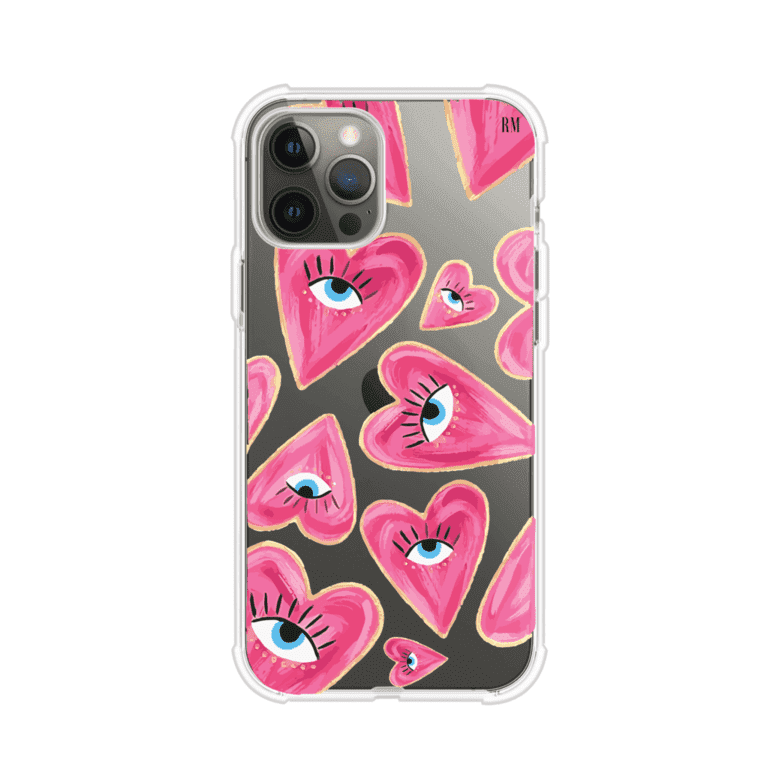 Funda para iPhone con corazones rosas ilustrados y ojos, diseño artístico y romántico. Ideal para expresar amor con estilo. Producto de Remark Mx