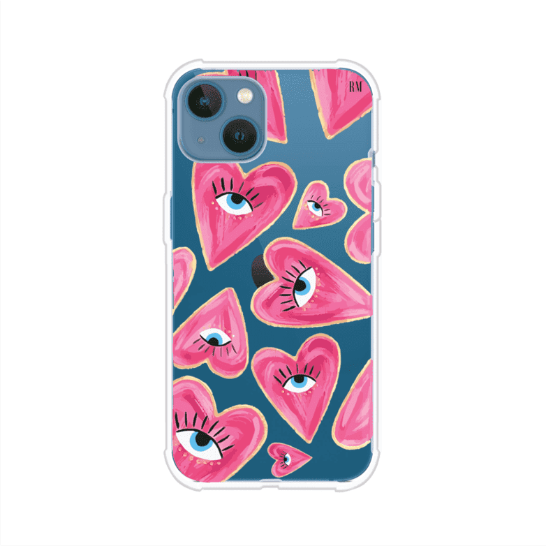 Funda para iPhone con corazones rosas ilustrados y ojos, diseño artístico y romántico. Ideal para expresar amor con estilo. Producto de Remark Mx
