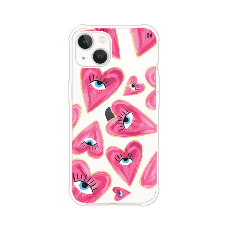 Funda para iPhone con corazones rosas ilustrados y ojos, diseño artístico y romántico. Ideal para expresar amor con estilo. Producto de Remark Mx