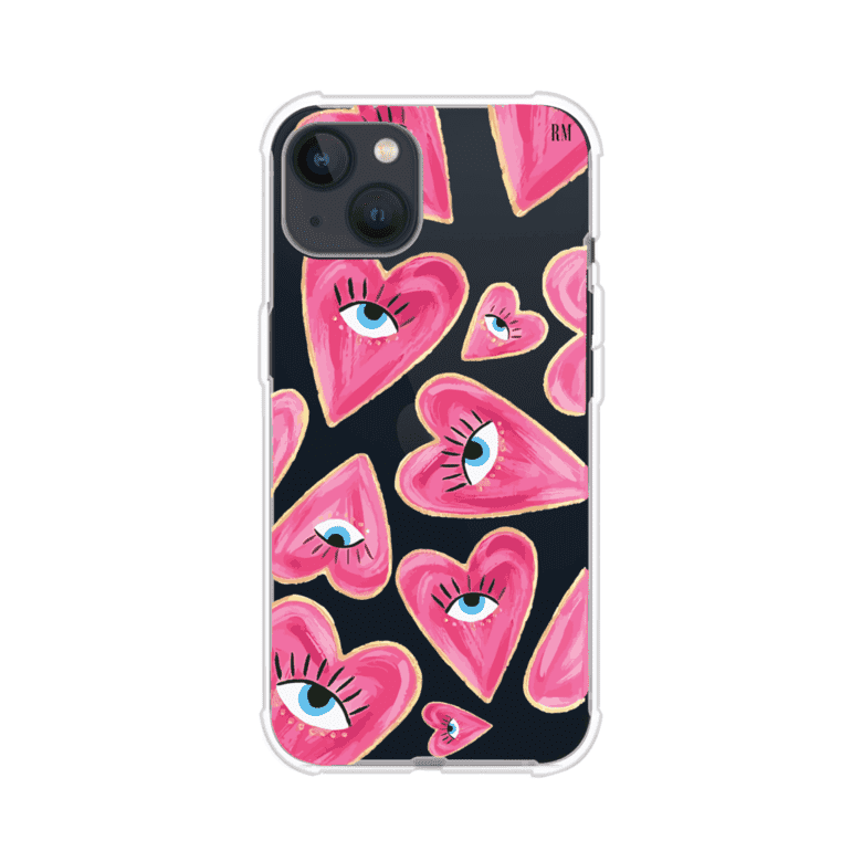 Funda para iPhone con corazones rosas ilustrados y ojos, diseño artístico y romántico. Ideal para expresar amor con estilo. Producto de Remark Mx