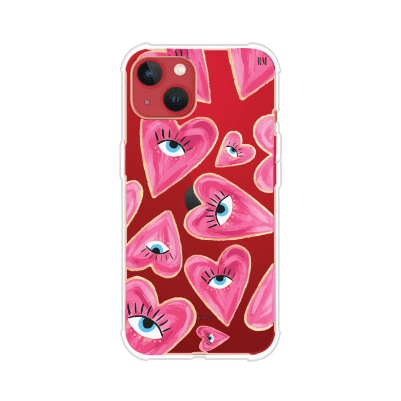 Funda para iPhone con corazones rosas ilustrados y ojos, diseño artístico y romántico. Ideal para expresar amor con estilo. Producto de Remark Mx