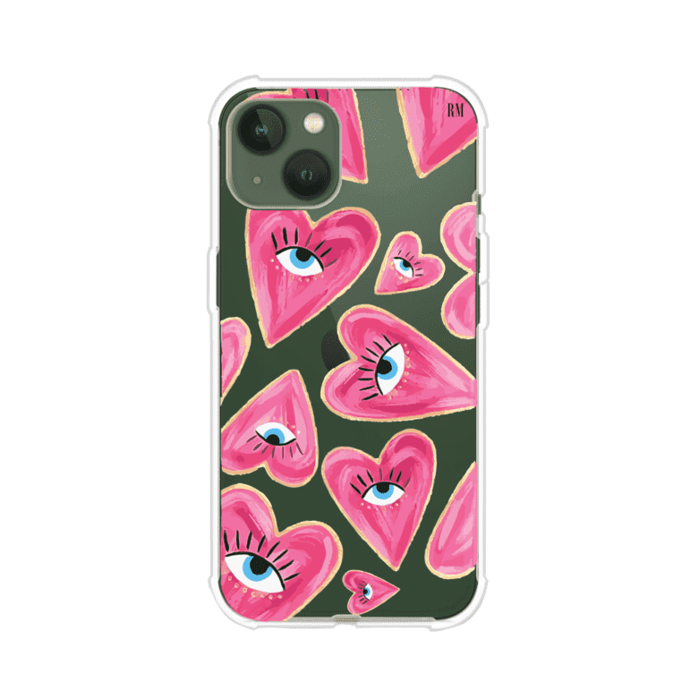 Funda para iPhone con corazones rosas ilustrados y ojos, diseño artístico y romántico. Ideal para expresar amor con estilo. Producto de Remark Mx