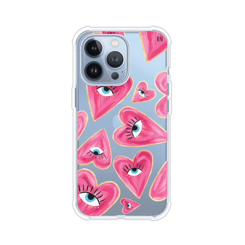 Funda para iPhone con corazones rosas ilustrados y ojos, diseño artístico y romántico. Ideal para expresar amor con estilo. Producto de Remark Mx