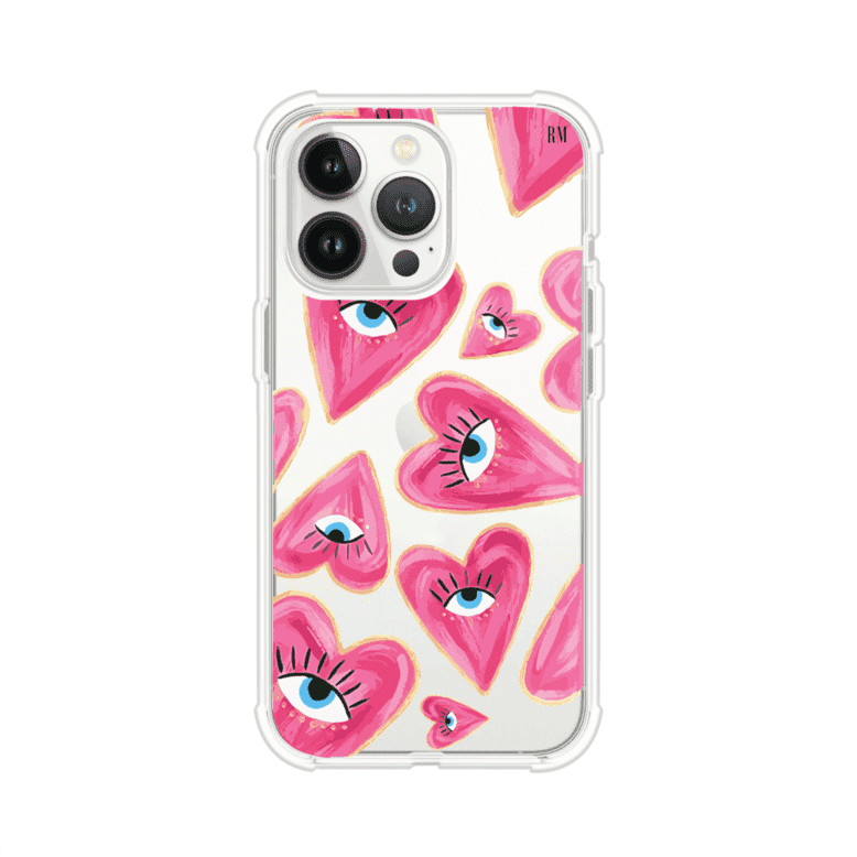 Funda para iPhone con corazones rosas ilustrados y ojos, diseño artístico y romántico. Ideal para expresar amor con estilo. Producto de Remark Mx