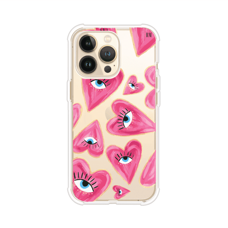 Funda para iPhone con corazones rosas ilustrados y ojos, diseño artístico y romántico. Ideal para expresar amor con estilo. Producto de Remark Mx