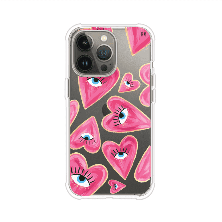 Funda para iPhone con corazones rosas ilustrados y ojos, diseño artístico y romántico. Ideal para expresar amor con estilo. Producto de Remark Mx