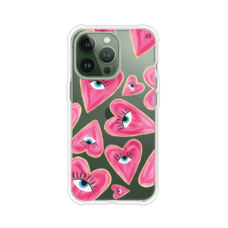 Funda para iPhone con corazones rosas ilustrados y ojos, diseño artístico y romántico. Ideal para expresar amor con estilo. Producto de Remark Mx