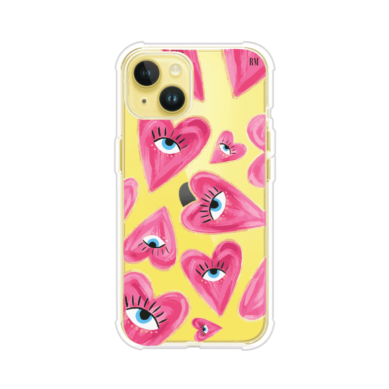 Funda para iPhone con corazones rosas ilustrados y ojos, diseño artístico y romántico. Ideal para expresar amor con estilo. Producto de Remark Mx