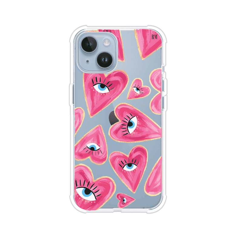 Funda para iPhone con corazones rosas ilustrados y ojos, diseño artístico y romántico. Ideal para expresar amor con estilo. Producto de Remark Mx
