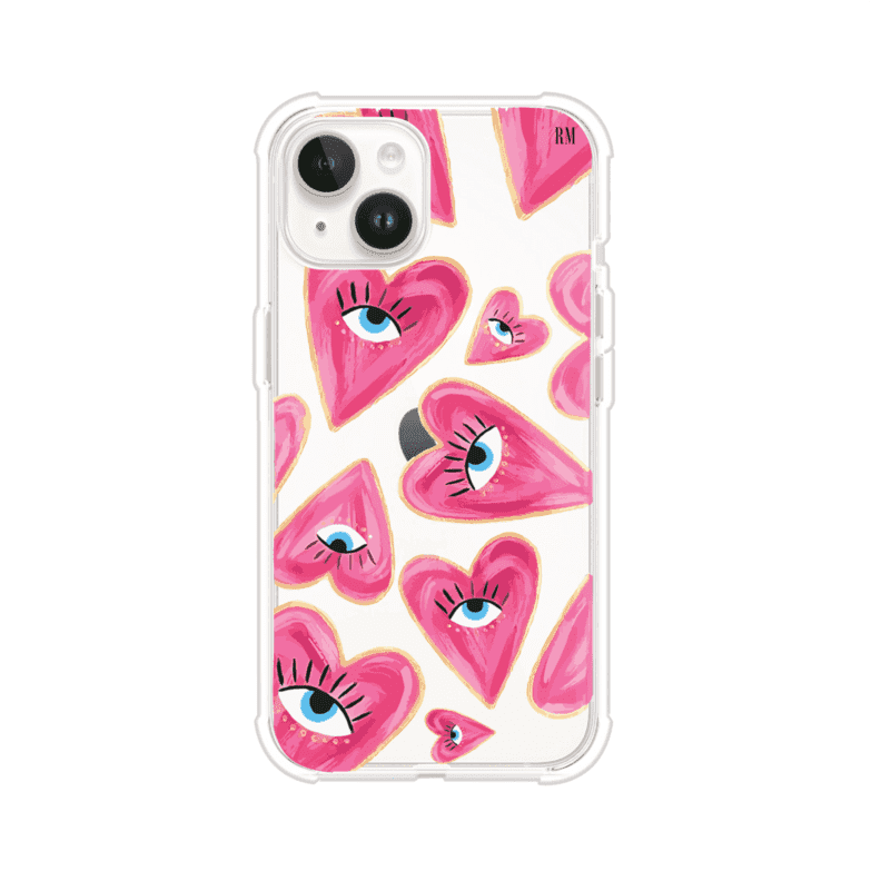 Funda para iPhone con corazones rosas ilustrados y ojos, diseño artístico y romántico. Ideal para expresar amor con estilo. Producto de Remark Mx