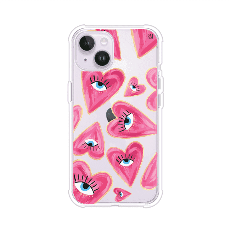 Funda para iPhone con corazones rosas ilustrados y ojos, diseño artístico y romántico. Ideal para expresar amor con estilo. Producto de Remark Mx