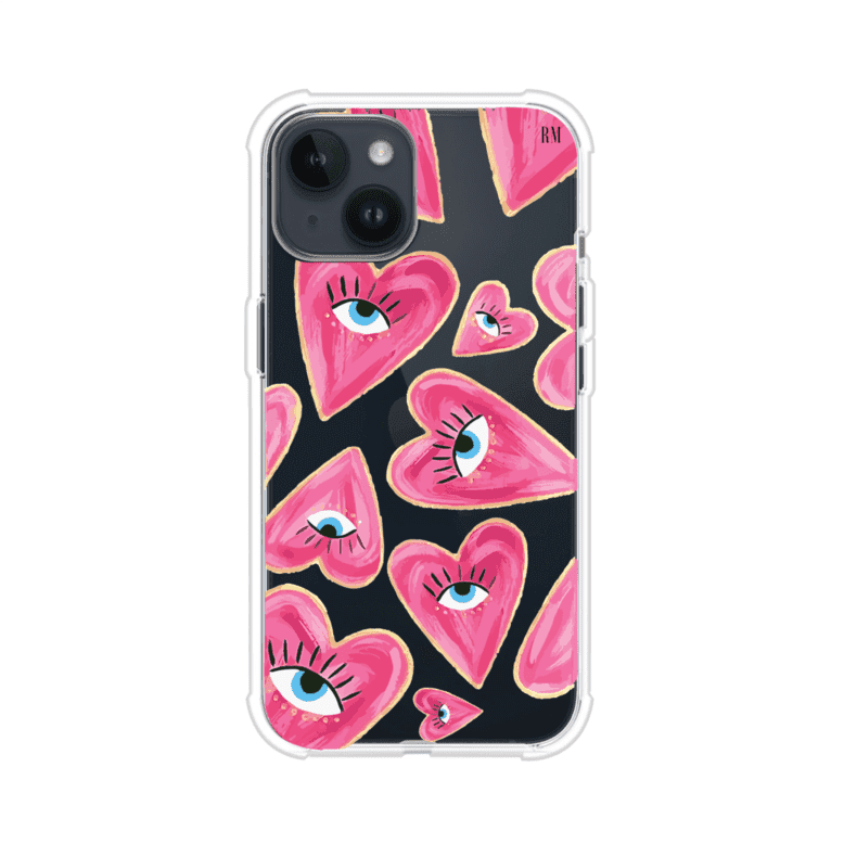 Funda para iPhone con corazones rosas ilustrados y ojos, diseño artístico y romántico. Ideal para expresar amor con estilo. Producto de Remark Mx