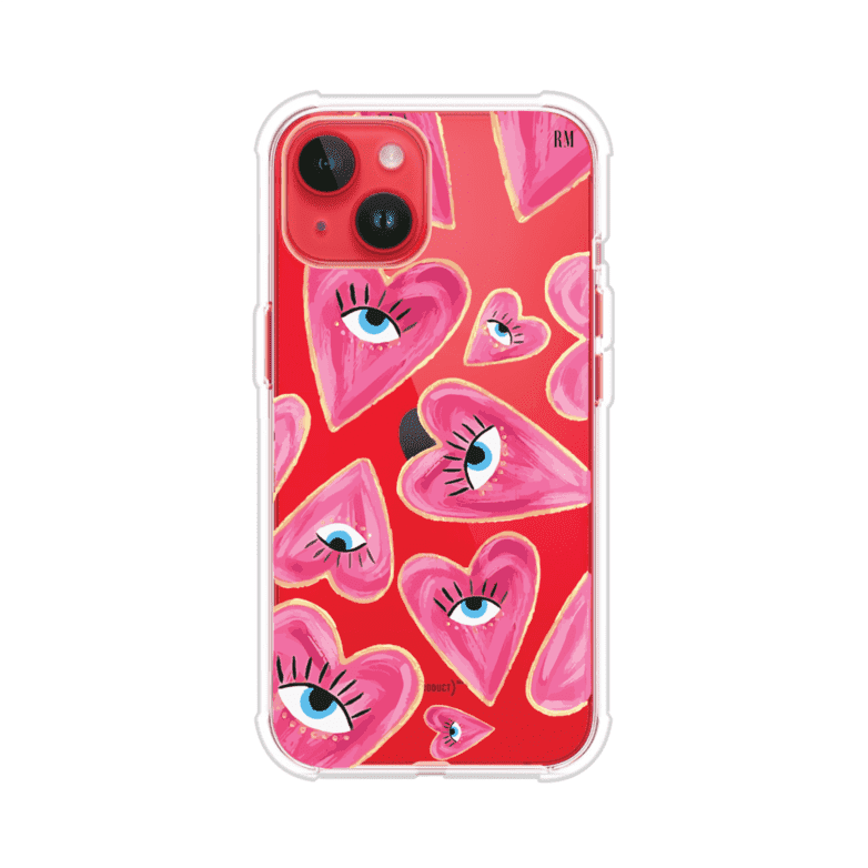 Funda para iPhone con corazones rosas ilustrados y ojos, diseño artístico y romántico. Ideal para expresar amor con estilo. Producto de Remark Mx