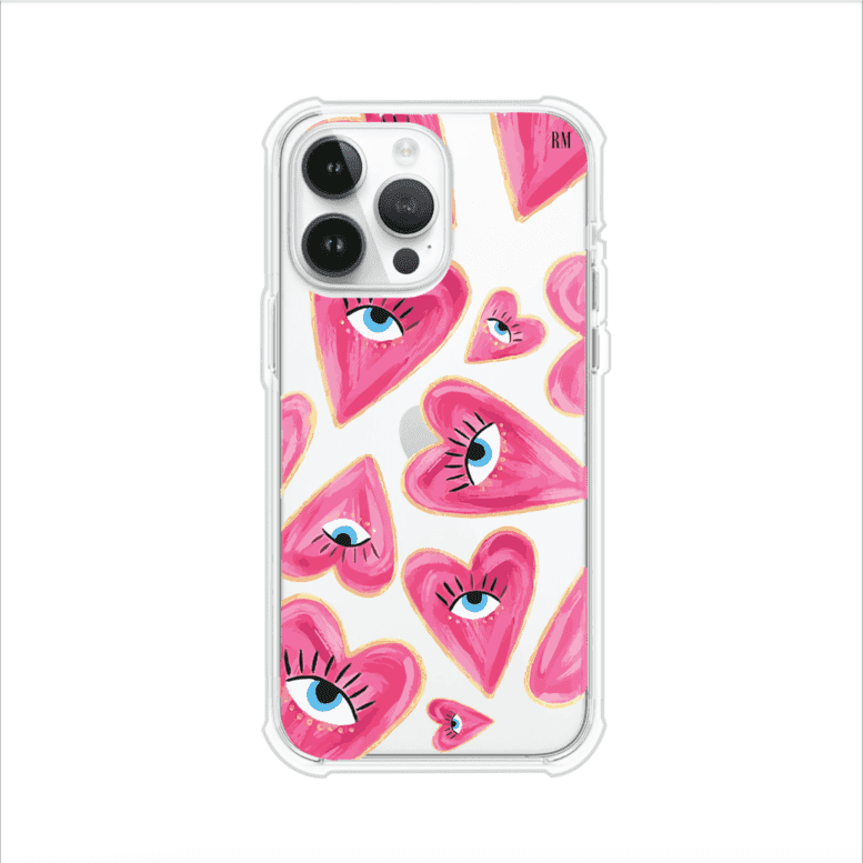 Funda para iPhone con corazones rosas ilustrados y ojos, diseño artístico y romántico. Ideal para expresar amor con estilo. Producto de Remark Mx