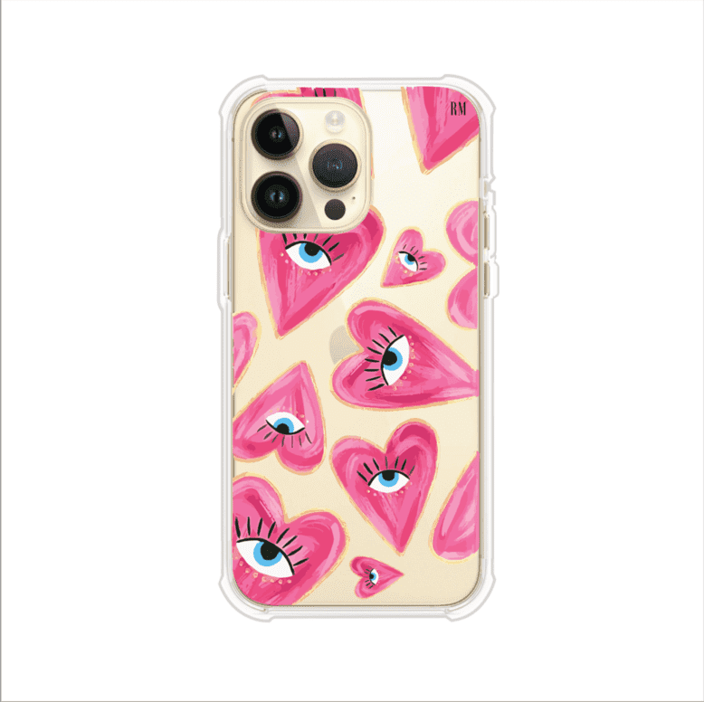 Funda para iPhone con corazones rosas ilustrados y ojos, diseño artístico y romántico. Ideal para expresar amor con estilo. Producto de Remark Mx