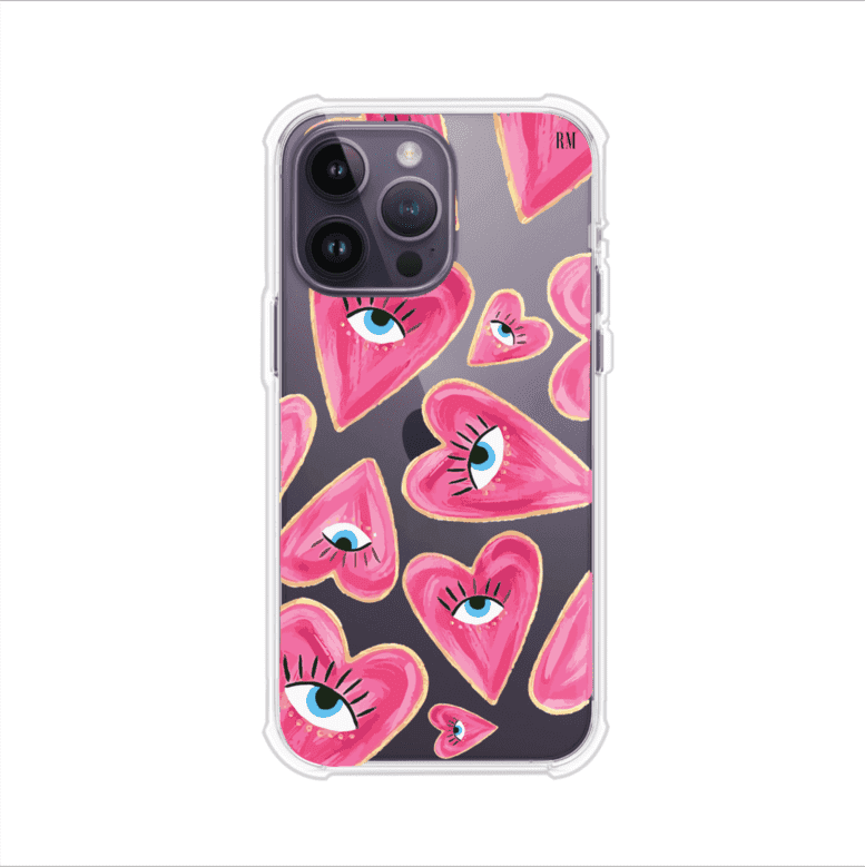 Funda para iPhone con corazones rosas ilustrados y ojos, diseño artístico y romántico. Ideal para expresar amor con estilo. Producto de Remark Mx