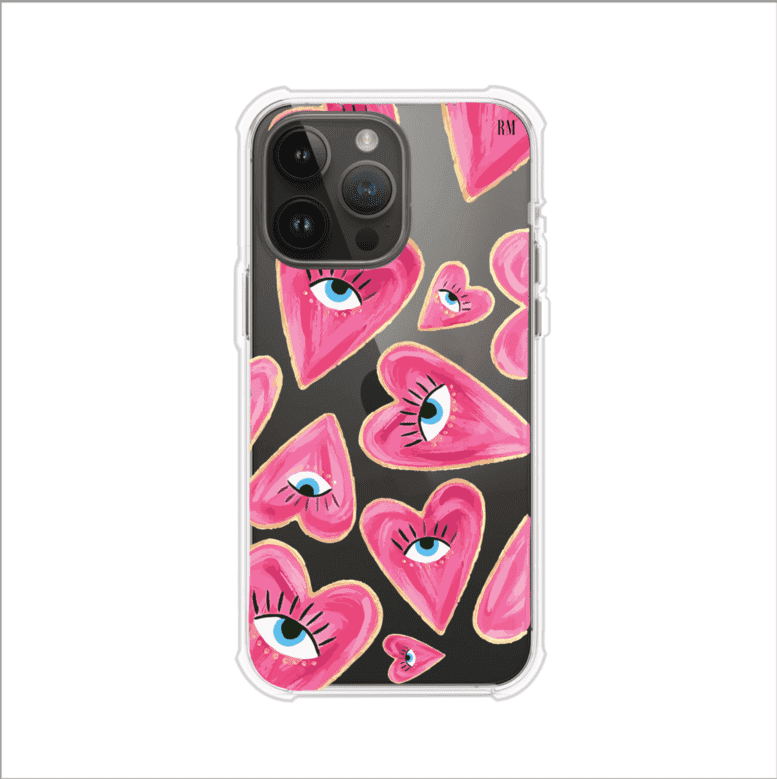 Funda para iPhone con corazones rosas ilustrados y ojos, diseño artístico y romántico. Ideal para expresar amor con estilo. Producto de Remark Mx