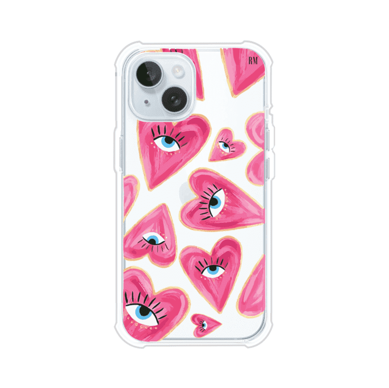Funda para iPhone con corazones rosas ilustrados y ojos, diseño artístico y romántico. Ideal para expresar amor con estilo. Producto de Remark Mx