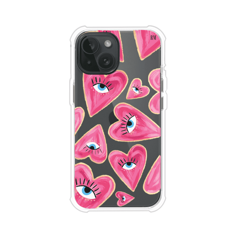 Funda para iPhone con corazones rosas ilustrados y ojos, diseño artístico y romántico. Ideal para expresar amor con estilo. Producto de Remark Mx