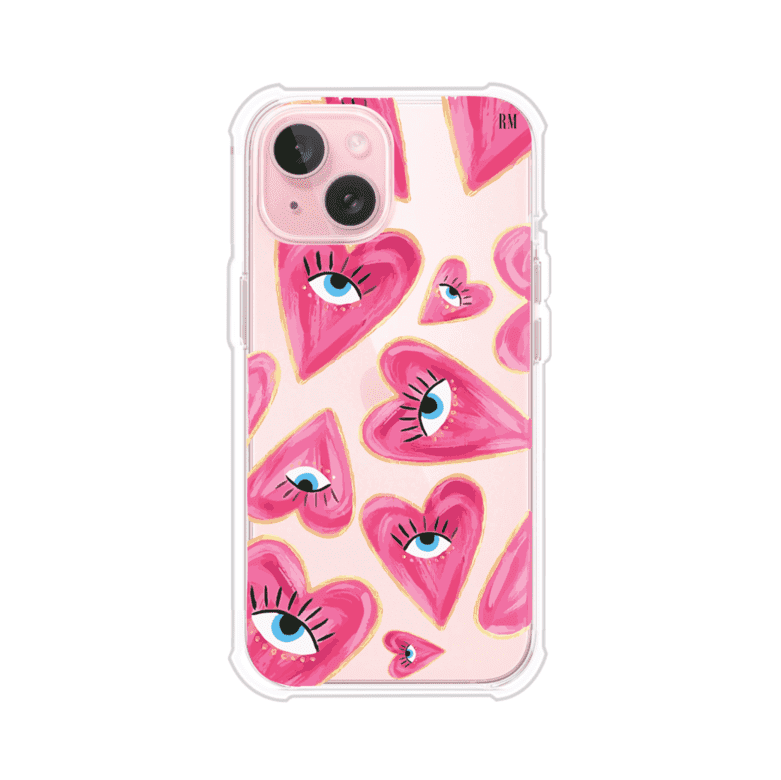 Funda para iPhone con corazones rosas ilustrados y ojos, diseño artístico y romántico. Ideal para expresar amor con estilo. Producto de Remark Mx