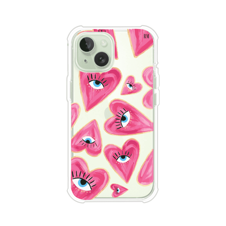 Funda para iPhone con corazones rosas ilustrados y ojos, diseño artístico y romántico. Ideal para expresar amor con estilo. Producto de Remark Mx