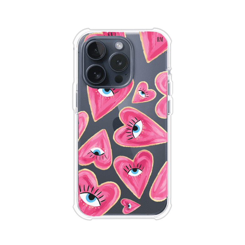 Funda para iPhone con corazones rosas ilustrados y ojos, diseño artístico y romántico. Ideal para expresar amor con estilo. Producto de Remark Mx