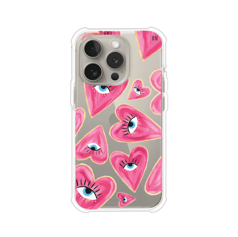 Funda para iPhone con corazones rosas ilustrados y ojos, diseño artístico y romántico. Ideal para expresar amor con estilo. Producto de Remark Mx