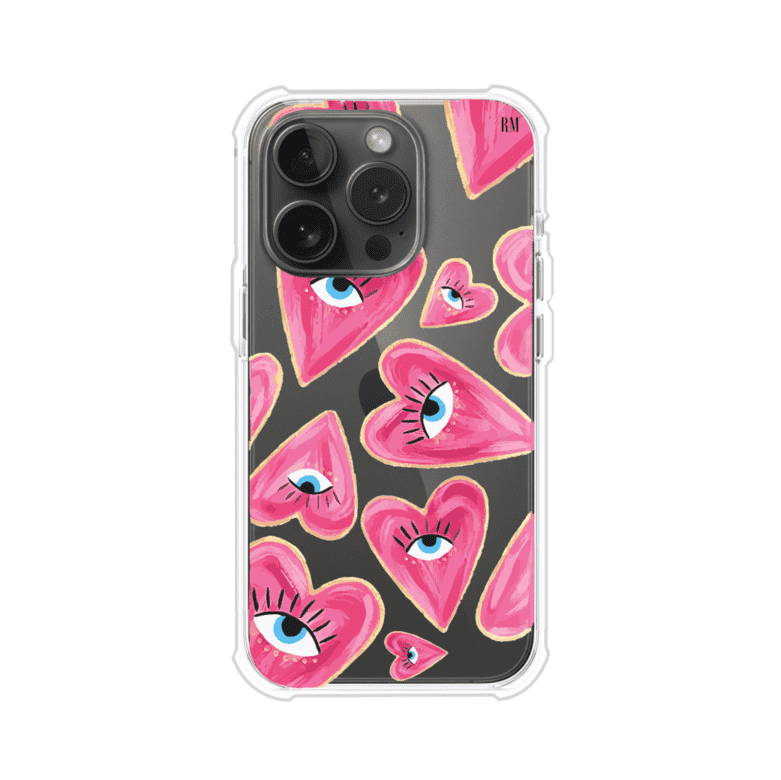 Funda para iPhone con corazones rosas ilustrados y ojos, diseño artístico y romántico. Ideal para expresar amor con estilo. Producto de Remark Mx