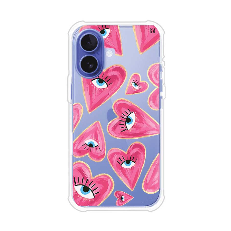 Funda para iPhone con corazones rosas ilustrados y ojos, diseño artístico y romántico. Ideal para expresar amor con estilo. Producto de Remark Mx