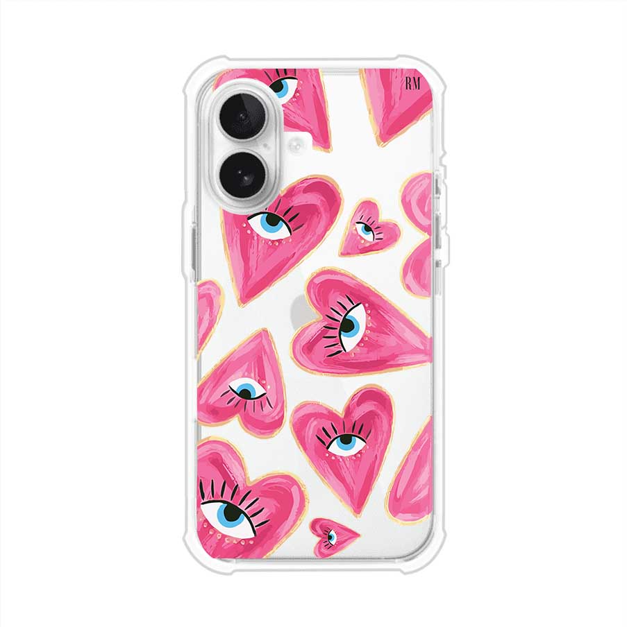 Funda para iPhone con corazones rosas ilustrados y ojos, diseño artístico y romántico. Ideal para expresar amor con estilo. Producto de Remark Mx