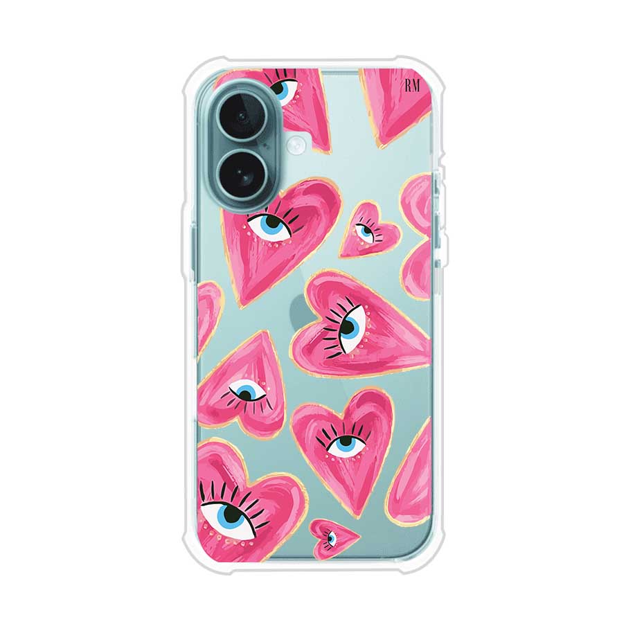Funda para iPhone con corazones rosas ilustrados y ojos, diseño artístico y romántico. Ideal para expresar amor con estilo. Producto de Remark Mx