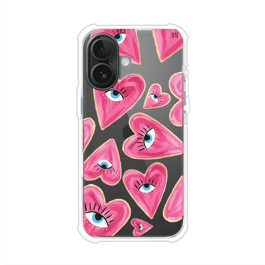 Funda para iPhone con corazones rosas ilustrados y ojos, diseño artístico y romántico. Ideal para expresar amor con estilo. Producto de Remark Mx