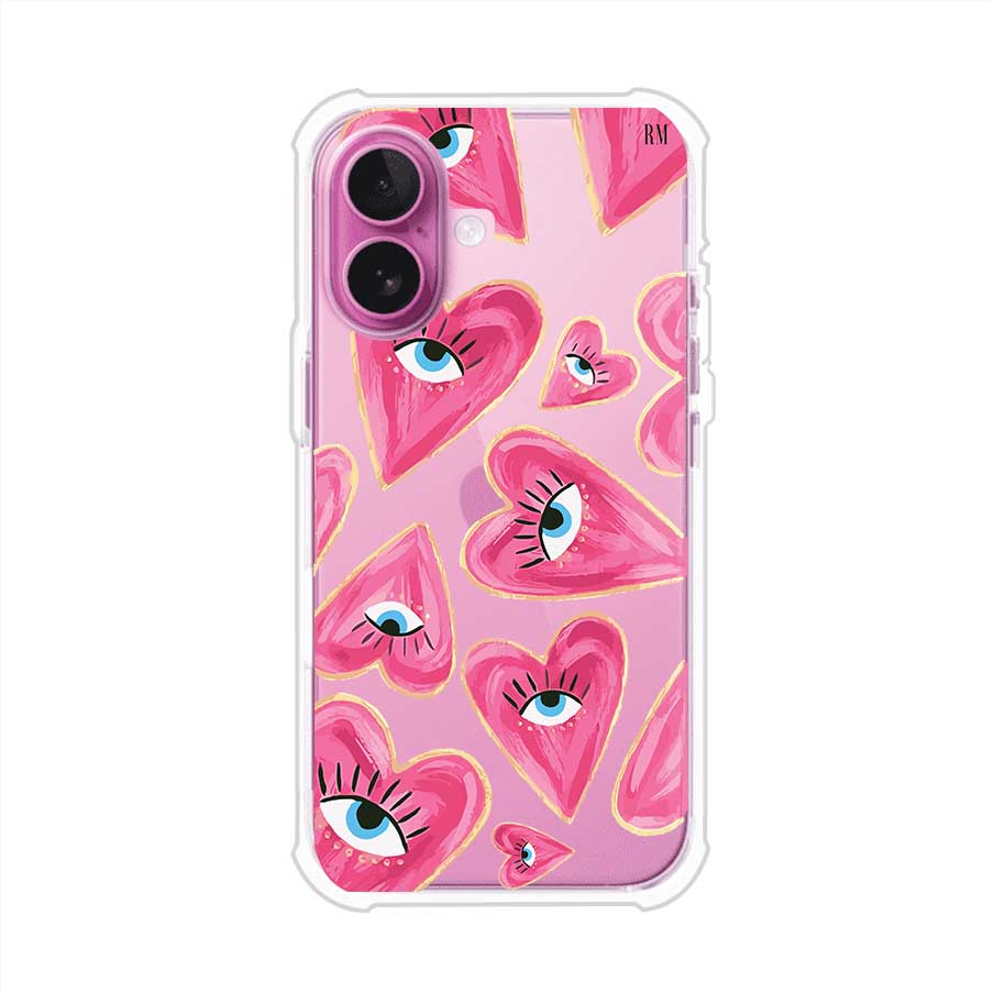 Funda para iPhone con corazones rosas ilustrados y ojos, diseño artístico y romántico. Ideal para expresar amor con estilo. Producto de Remark Mx